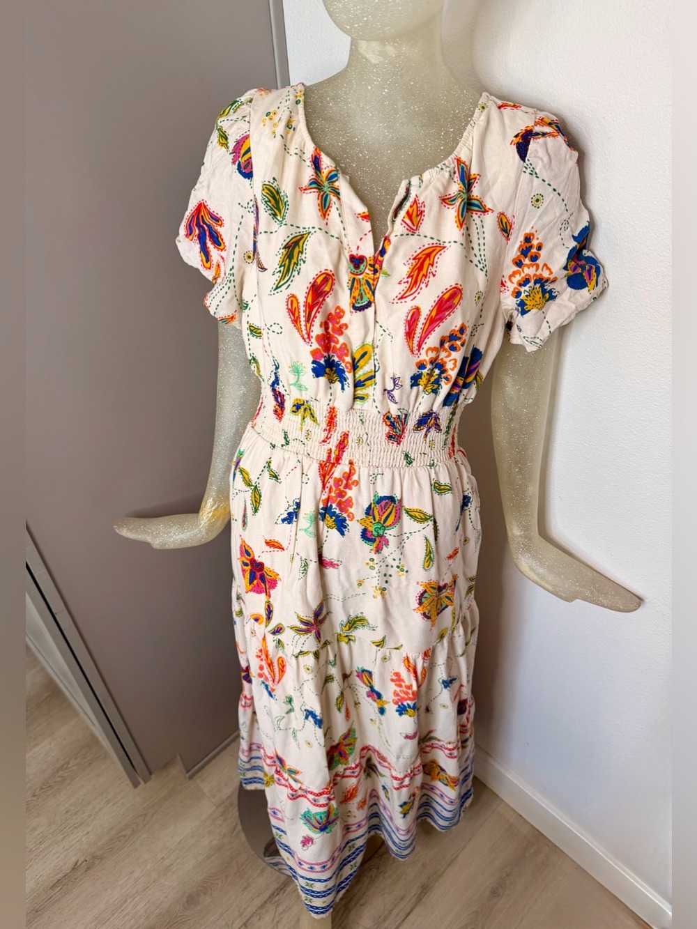Sugarlips Cottagecorr Floral White Maxi Dress with Smocked Waist. Size Medium
